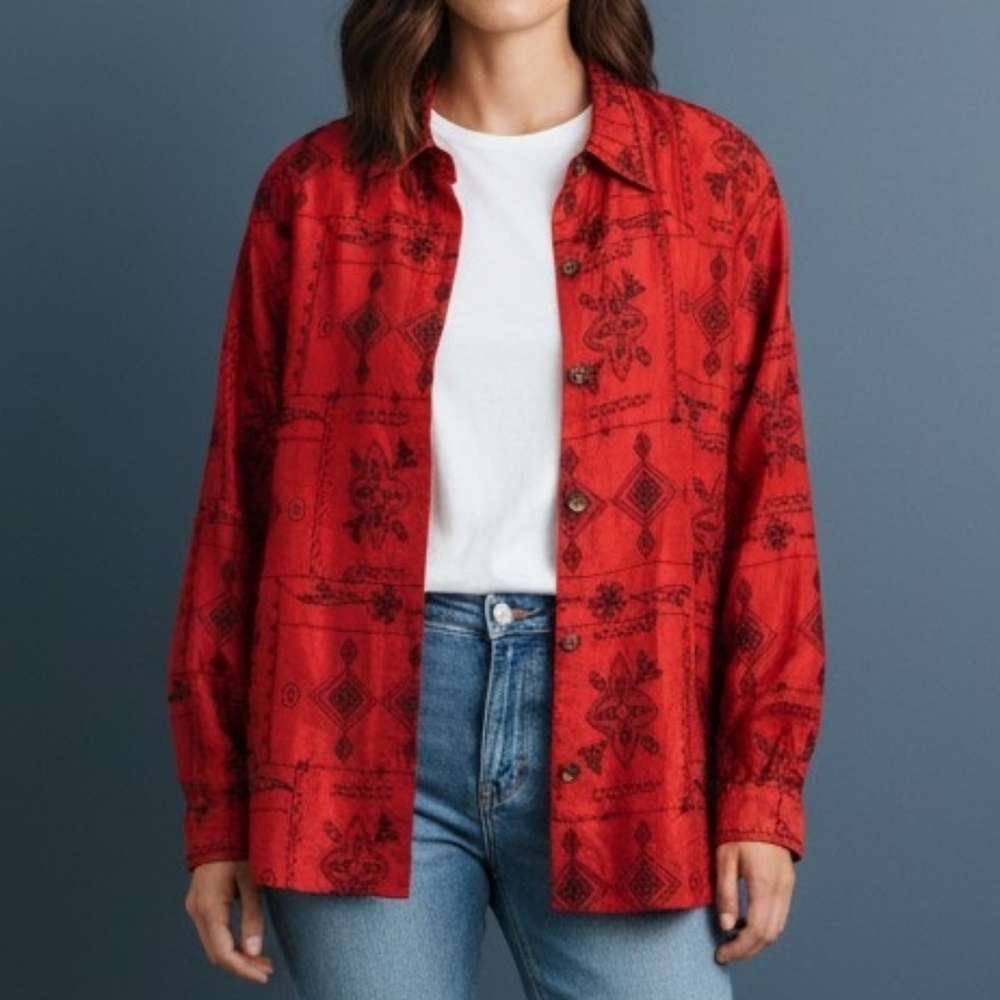 𝅺VTG BLEU BAYOU Tomato Red Silk Embroidered Beaded Holiday Shacket